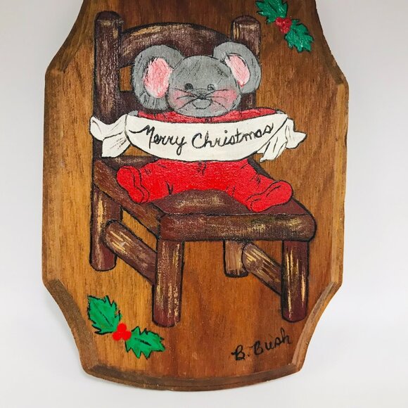 Vintage Hand Painted Mouse Merry Christmas Plaque Holiday Wall Decor Kitschy - Picture 2 of 7